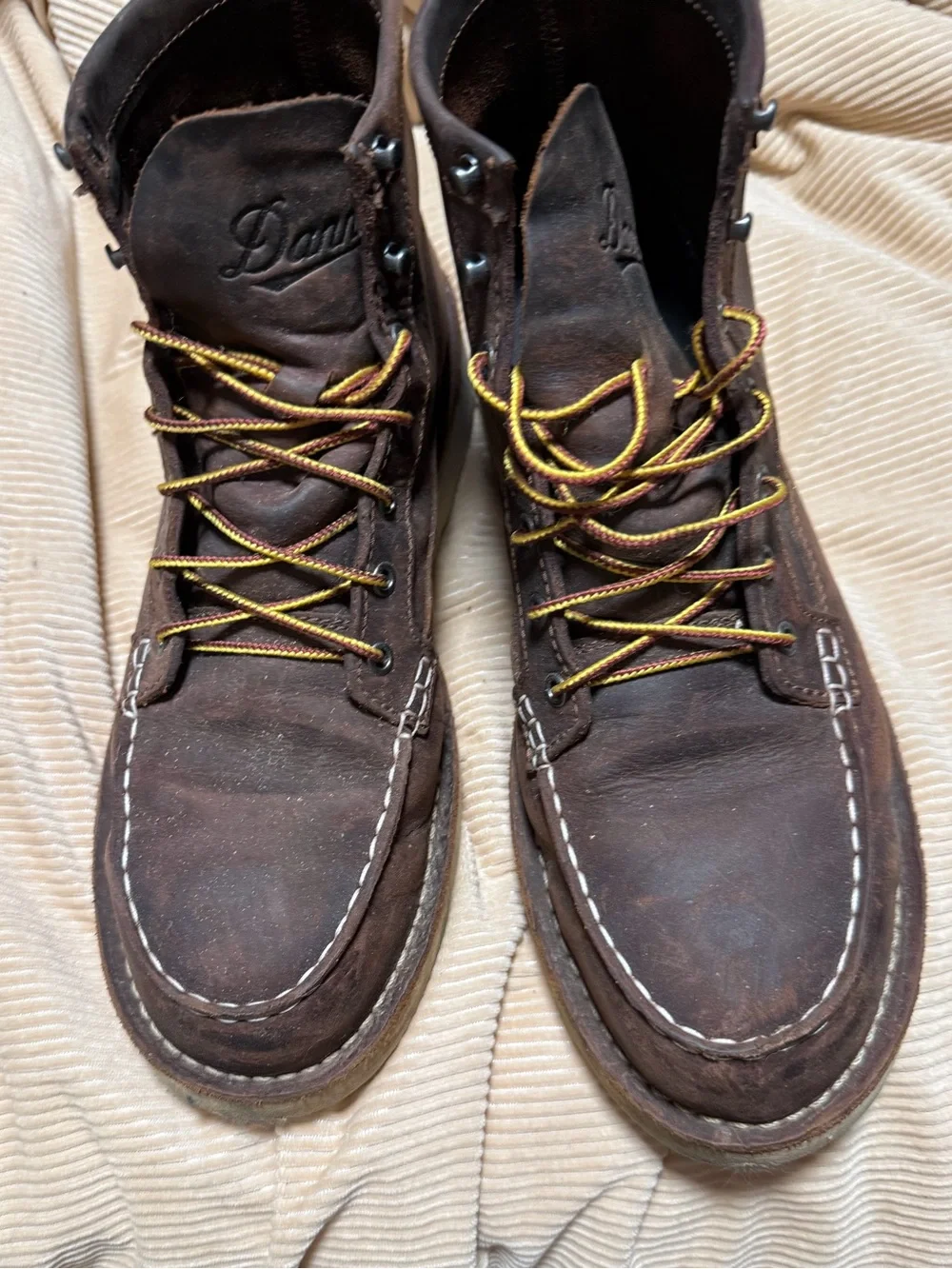 Danner Dark Brown Leather Moc Toe Work Boots with Yellow-Brown Laces